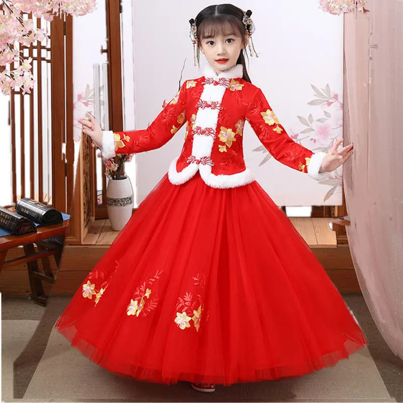 

Костюм ханьфу для девочек, чонсам, китайская одежда для новогоднего и весеннего фестиваля, Зимние теплые детские платья с цветами для высту...