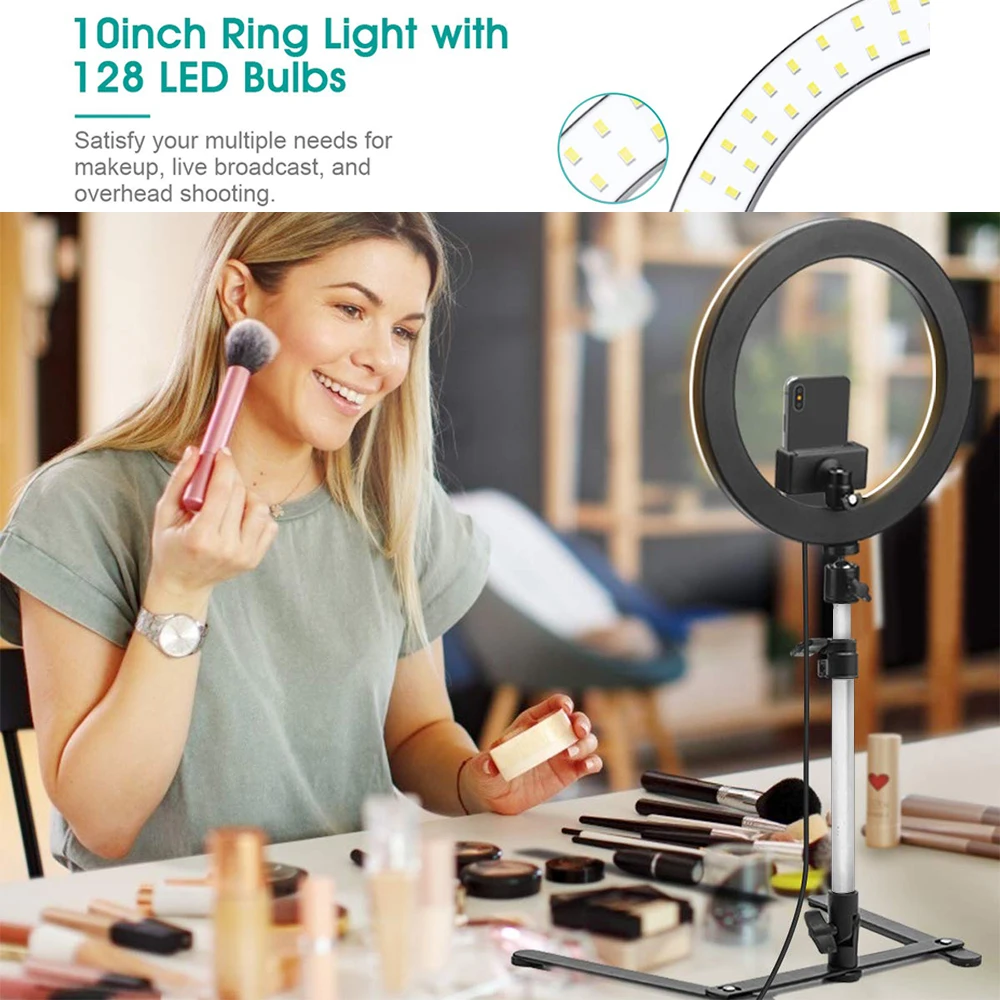 26cm 16cm led selfie ring light photography lighting ringlight with desk long arm phone holder for youtube live cook vlog lamp free global shipping