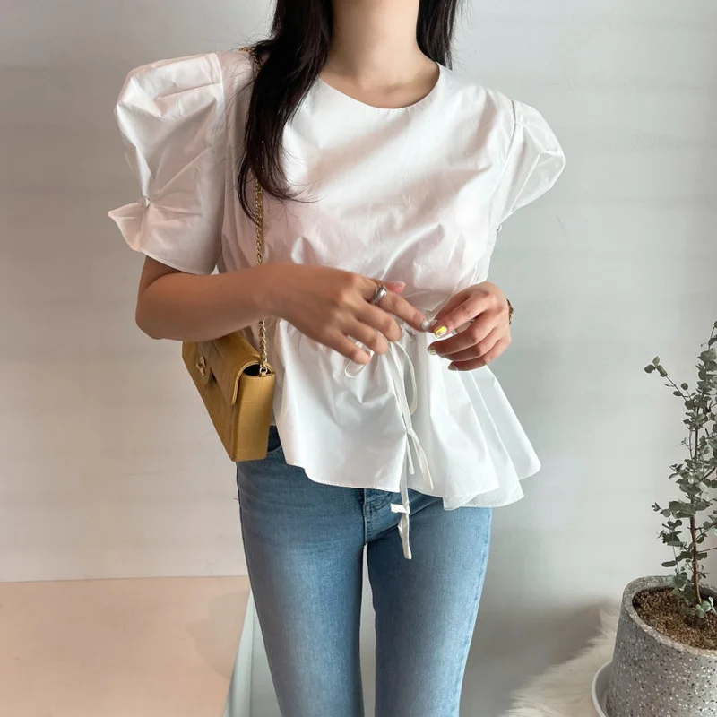 

O Neck Pullover Puff Short Sleeve Solid Blouse Women Slim Waist Sashes Work Style Ol Blusas Summer 2021 New Simple Shirt