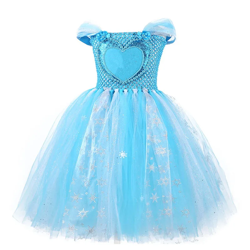 Cartoon Princess Dresses Blue Girls Tutu Dress Ankle Lenth Sequins Gauzy Queen's Snowflake Party Birthday Flower Girl Costume | Детская
