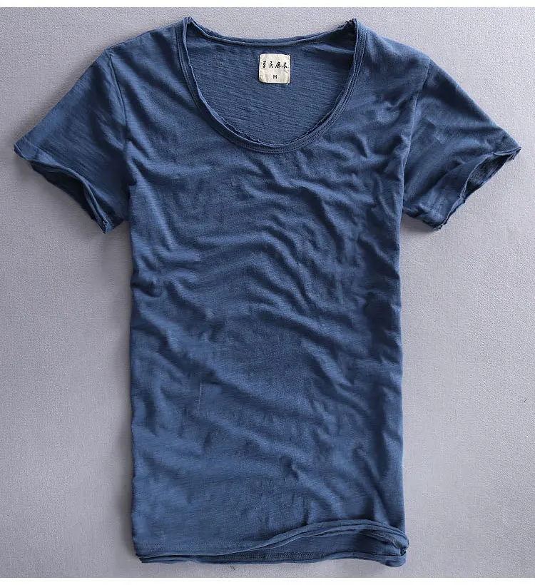 

2020 summer casual T-shirt pure cotton slub breathable retro solid color V-neck short sleeve