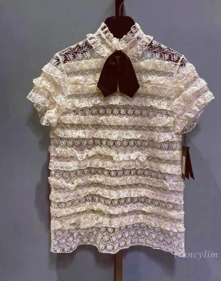 

Lace Blouses for Women Summer New Exquisite Embroidery Shirt Short Sleeve Blusas Mujer De Moda 2021 Nancylim