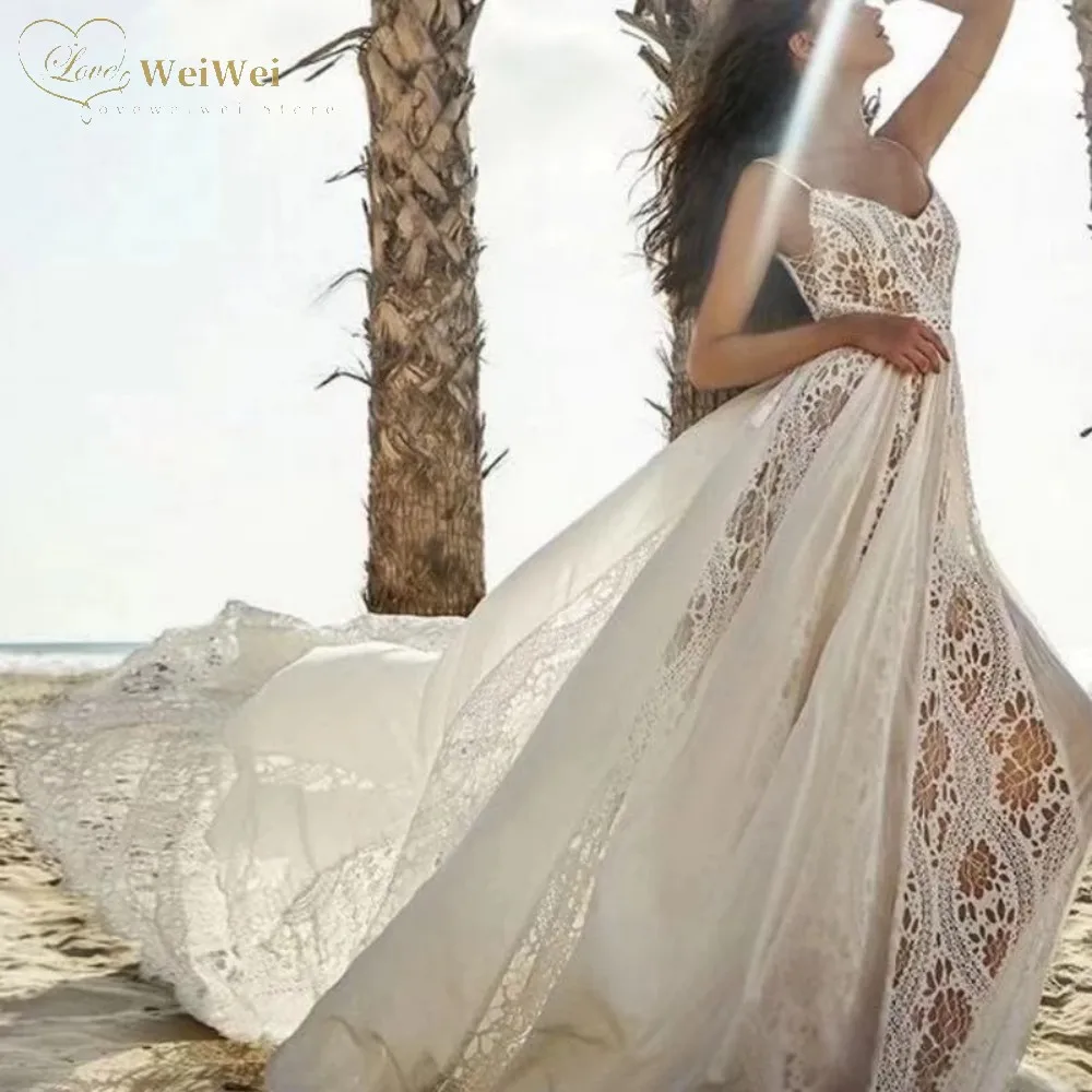 

Lace Chiffon Spaghetti Straps Wedding Dress V-Neck A-Line Sleeveless Court Train Backless Bridal Gowns Vestidos De Novia