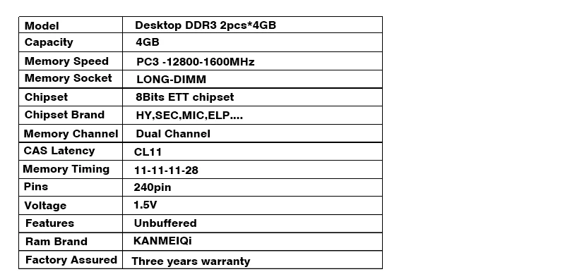 KANMEIQi оперативная память DDR3 8 Гб(2 шт x4гб) 1333 МГц 1600 МГц настольная Память DIMM PC3-12800S-CL11 240pivn 1,5 в Новинка