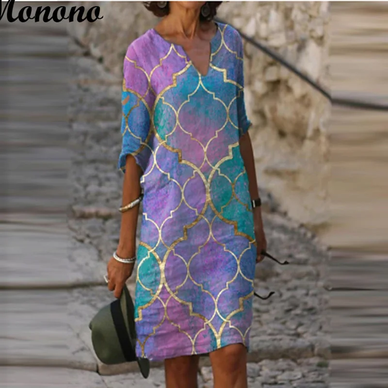 

Women Summer Dress V-neck Half Sleeve Vintage PCasual 2021 Fashion Female Loose Sundress rinting A-line Dresses Lady Vestidos