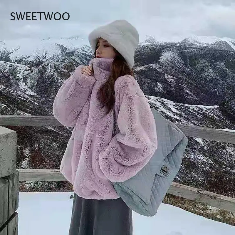 2021 New Winter Women's Loose Imitation Mink Leather Zipper Cardigan Coat Streetwear Warm Thicken Winter Faux Fur Coat Women