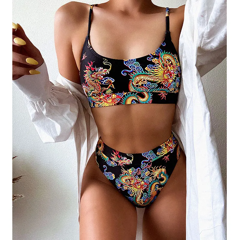 

Bandeau high waist bikini Push up swimwear women 2021 Dragon printed sexy bikini set Retro swimsuit female Bathing suit