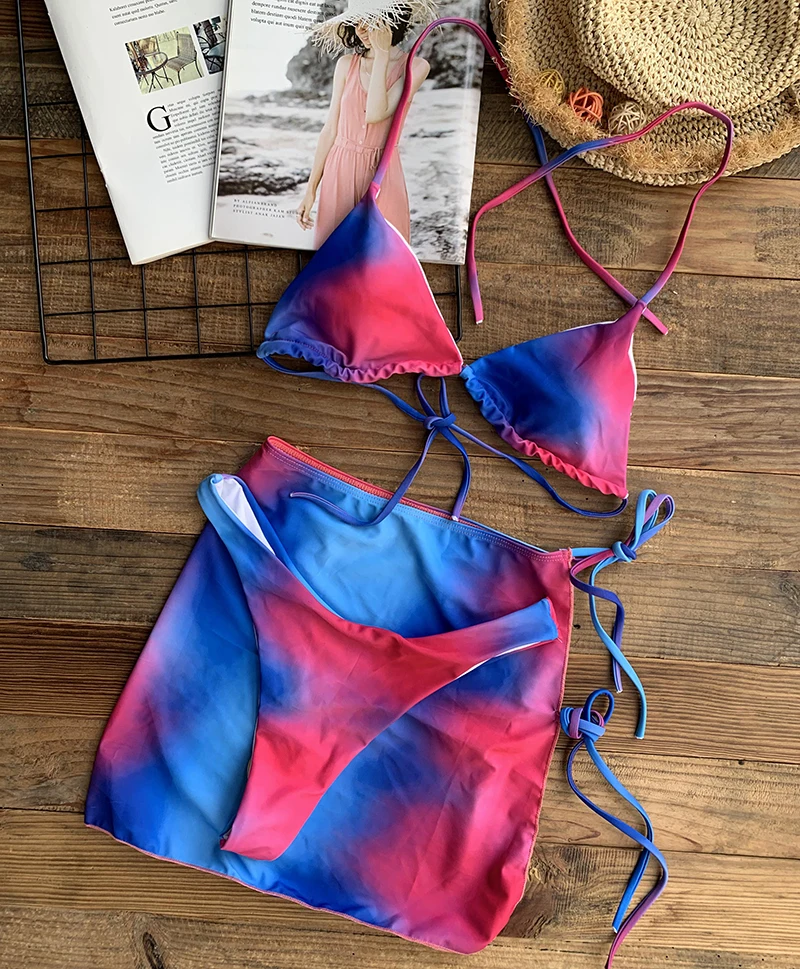 Sexy Thong Bikini With Skirt Swimwear 3 Piece Sets Women'S Swimsuit 2020 New Tie Dye Bathing Suit Halter Micro Bikinis Beachwear | Женская