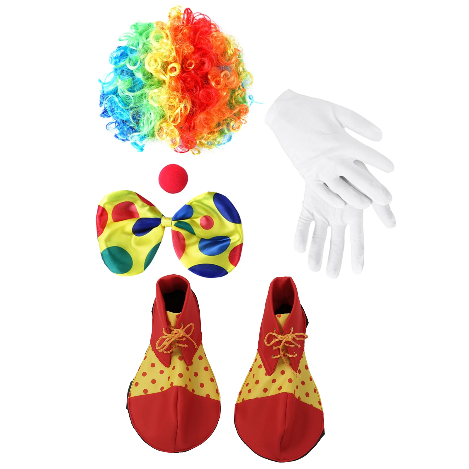 Rainbow Clown เครื่องแต่งกายเครื่องแต่งกายชุดวิกผมสีแดงฟองน้ำจมูก Dots Bow Tie สีขาวถุงมือ Clown ขนาดใหญ่ชุดร...