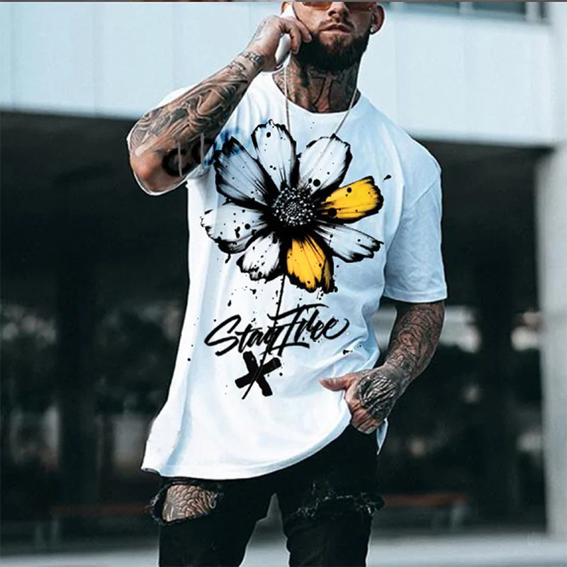 

Summer White Sunflower Letter Printing T-shirt 3D Printing Men's Top T-shirt Men's Short-sleeved Casual Loose T-shirt