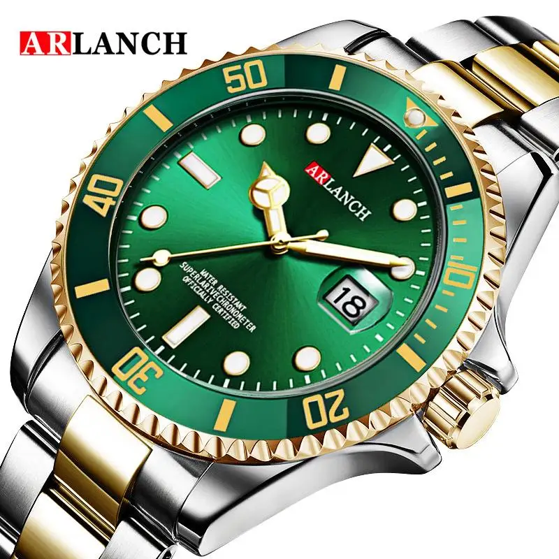 hot sale top brand business men watches green waterproof fashion mens watch arlanch watches calendar stainless steel watch free global shipping
