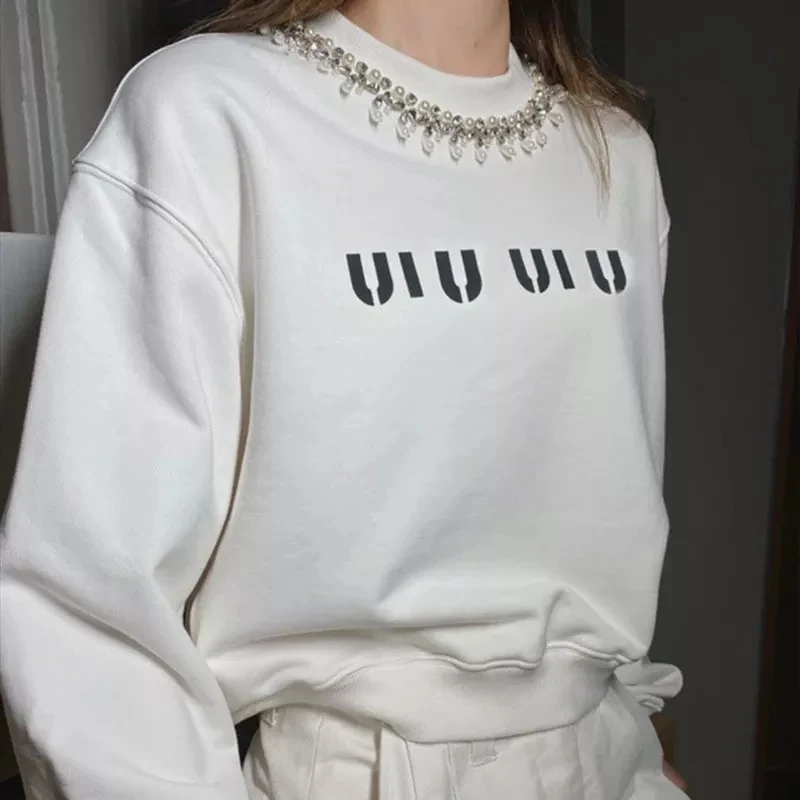 

Women Autumn New Fashion Solid Color Letter Print Diamond Sweatshirt Female Loose High Street Cotton Pullovers Ladies Tops