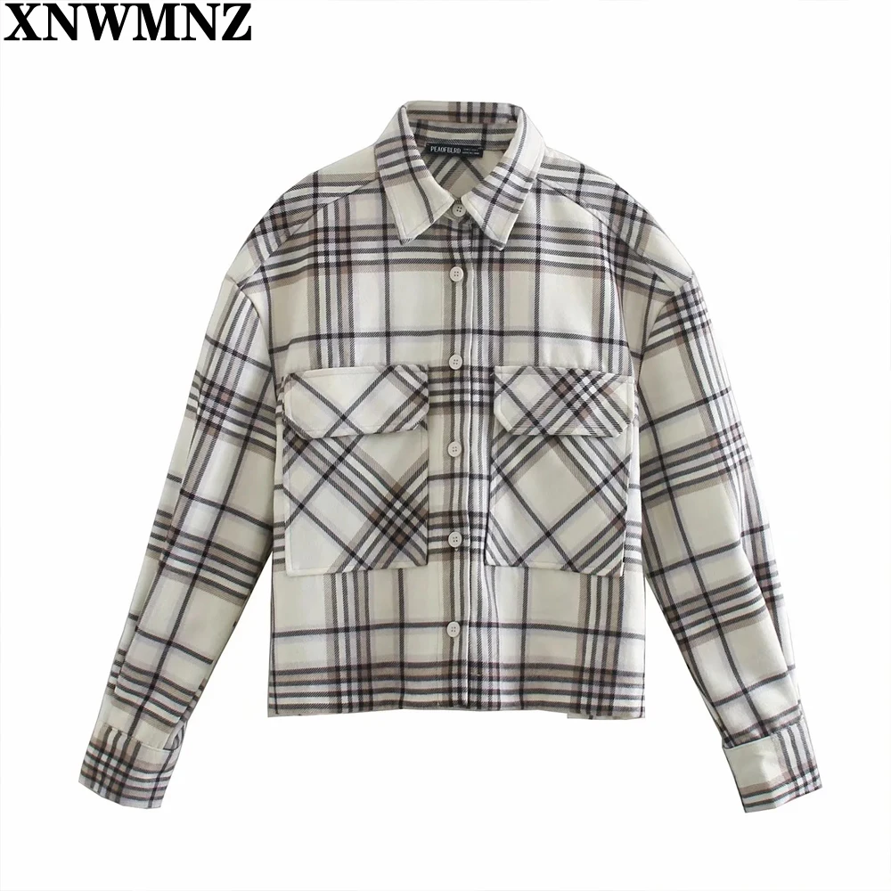 

XNWMNZ Za 2021 women Fashion check Flannel shirt ladies Female girls Vintage long pleated cuffs sleeves Chic asymmetric hem Tops