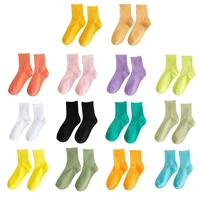 14 pairs women autumn winter breathable knitted cotton crew socks neon solid candy color harajuku skateboard mid tube hosiery