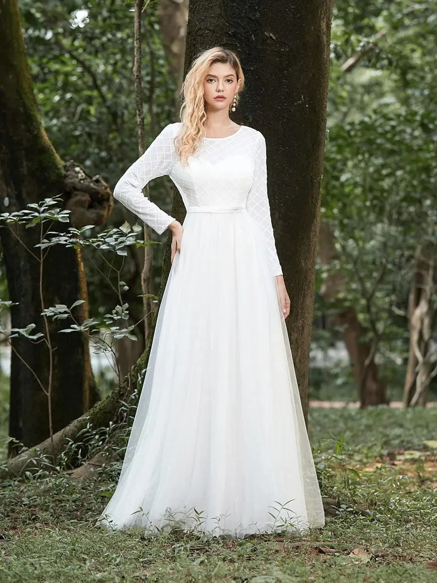 

Fancy Round Neck Tulle Wholesale Wedding Dress with Long Sleeves