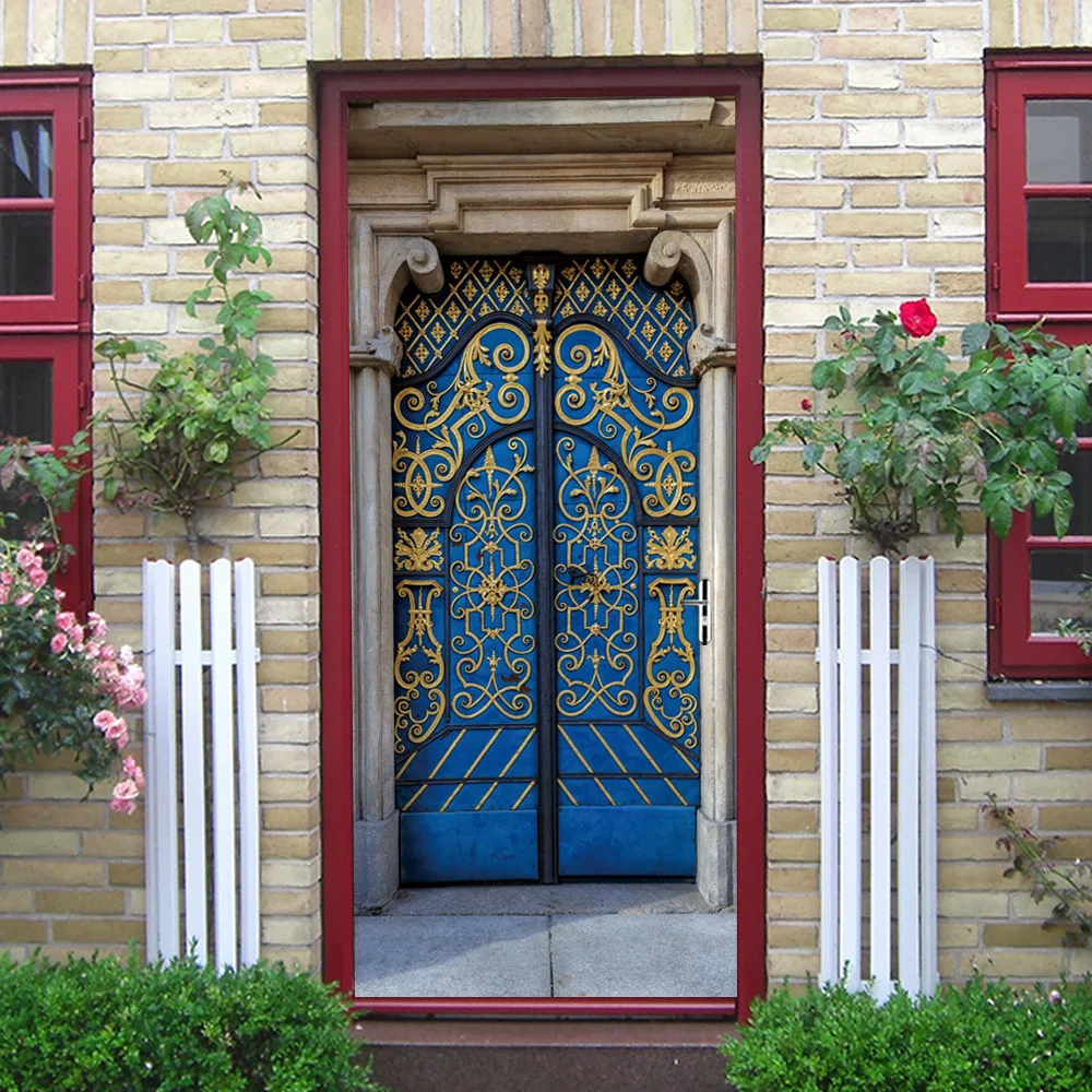 

Muslim Blue Iron Door Door Stickers Waterproof Mural Wallpaper Creative DIY Living Room Bedroom Stickers