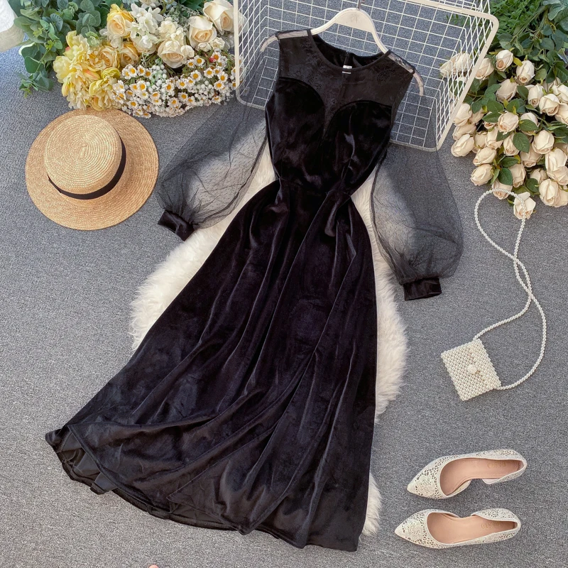 

2020 spring new women O-neck lantern sleeve velvet stitching lace mesh a-line dress female solid color elegant fairy dresses