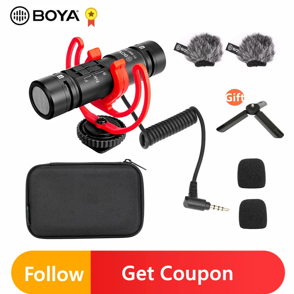 

Микрофон BOYA BY-MM1 PRO с двойной головкой, конденсаторный микрофон с суперкардиоидным эффектом, штепсельная вилка 3,5 мм TRRS, меховая заглушка для ...