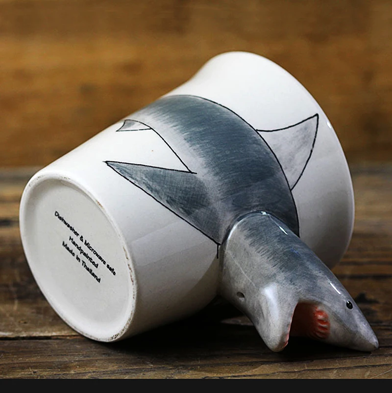 300ml Shark Coffee Cup Creative Animal Ceramic Mug 3D Hand Drawn Cartoon Funny Mugs With handle Boy drinking glass | Дом и сад