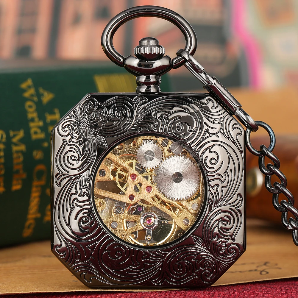Vintage Octagonal Mechanical Hand Wind Pocket Watch Skeleton Dial Pendant Watch Fob Chain Clock Hours Men Women Gifts Relgio