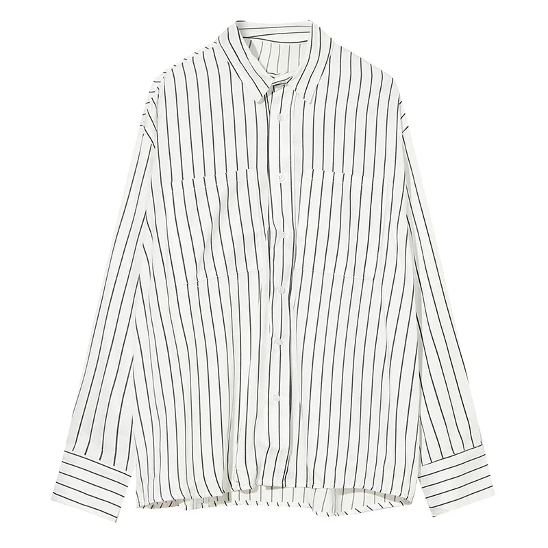 

IEFB Men's Casual Korean Trend Shirts 2021 New Autumn Loose Long Sleeve Lapel Stripe Shirt Double Pockets Tops For Male 9Y8446