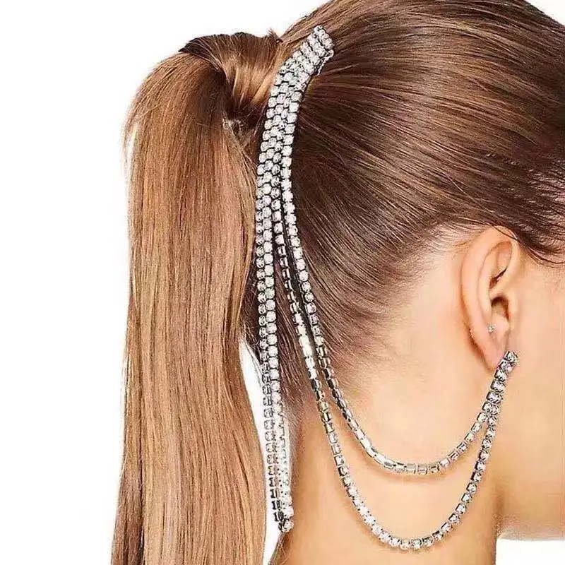 

Fashion women Rhinestone shiny long Tassel Earrings hairpin trend double long crystal earrings hairpin Jewelry Party Gift