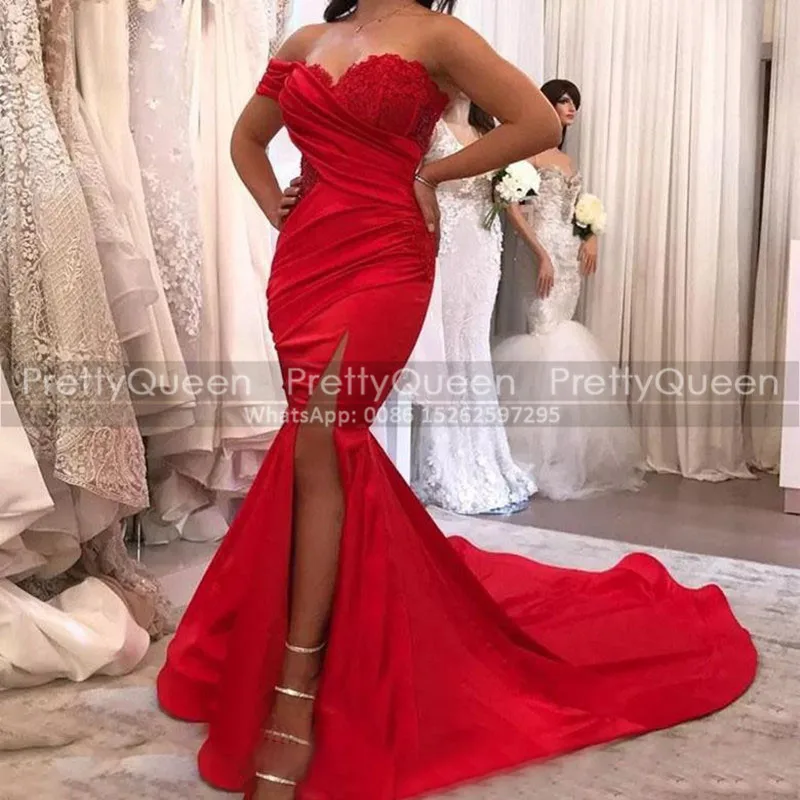 

Fabulous Mermaid Red Prom Dresses With Side Split 2021 Sweetheart Neck Women Long Court Train Prom Dress Party