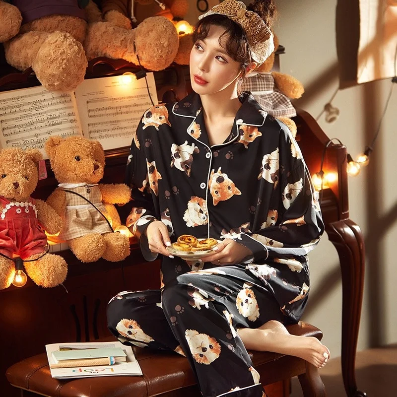 

2021 Spring And Summer New Long Sleeve Trousers Pajamas Women Ice And Snow Silk Lovely Sweet Cardigan Two Piece Suit