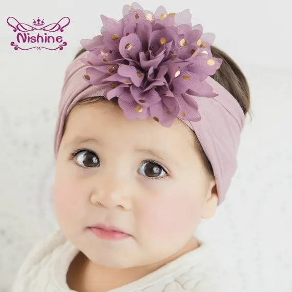 Мягкая эластичная повязка на голову Nishine шифоновая в Золотой горошек с цветами