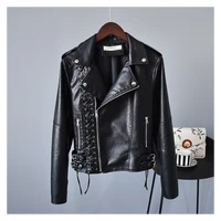 womens leather jacket 2021 autumn lace up rivet suit collar waist belt fashion motorcycle black short coat pu faux leather