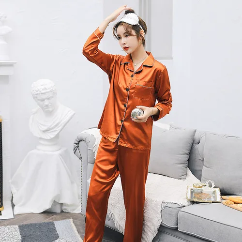Sexy satin couple pajamas set Silk Pajamas For Women and men Lovers long sleeved autumn Pyjamas Sleepwear Sets Pijama Mujer - Цвет: 8106jiaotiang
