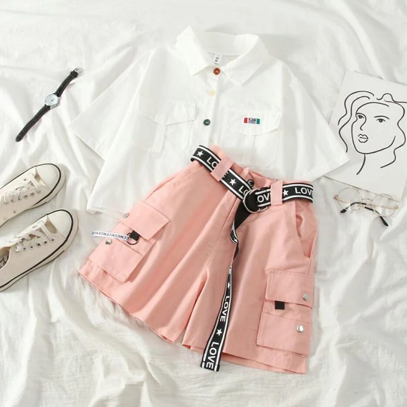 

Fashion Summer 2021 Two Piece Set Ribbon Shorts With T Shirt Streetwear Loose Shorts And T Shirt With Belt
