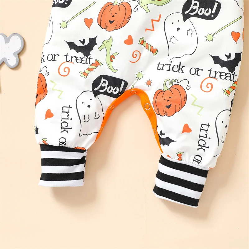 

2Pcs Baby Girls Boys Halloween Outfit Toddlers Kids Cartoon Pumpkin Ghost Stripe Long Sleeves Romper + Knotted Hat Sets