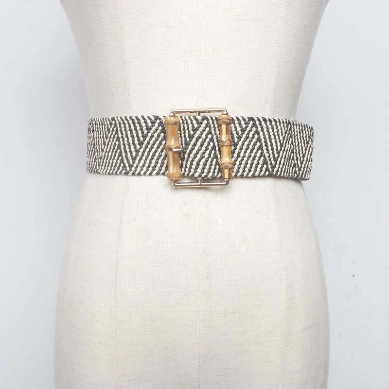 Женский квадратный ремень Winfox плетеный с деревянной пряжкой эластичный из