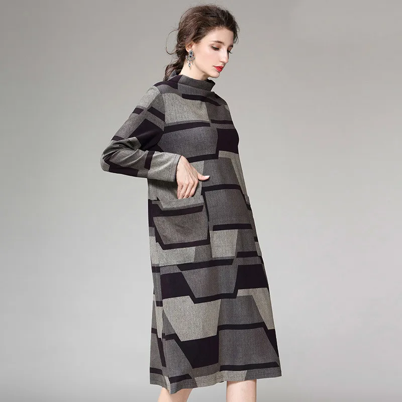 Женское платье с длинным рукавом элегантное средней длины принтом весна осень 2020