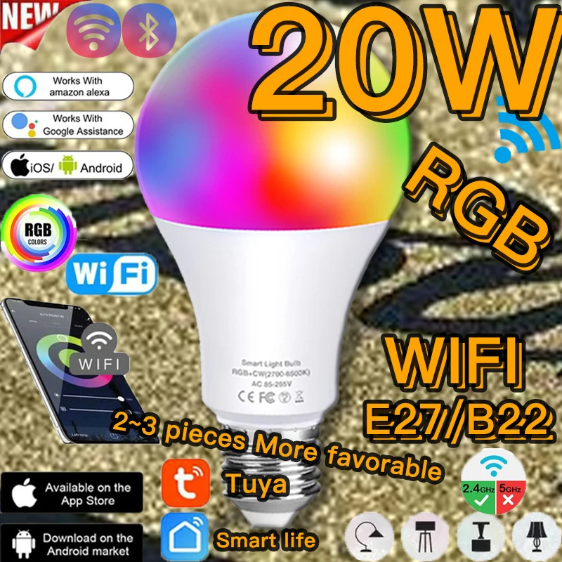 

Умная светодиодная RGB лампа Эдисона E27 B22 с регулируемой яркостью, осветительный прибор с лампочками 20 Вт, Wi-Fi/ИК дистанционным управлением, н...