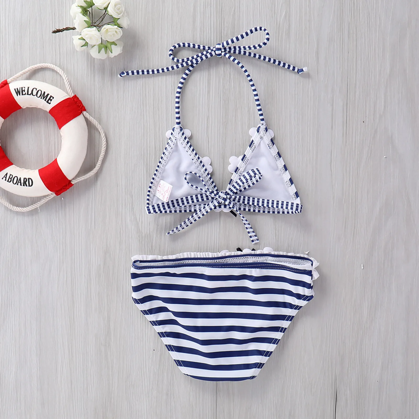 

2021 Children Striped Split Swimsuit Set Baby Girls Sleeveless Backless Deep V-neck Bikini Panties for Summer
