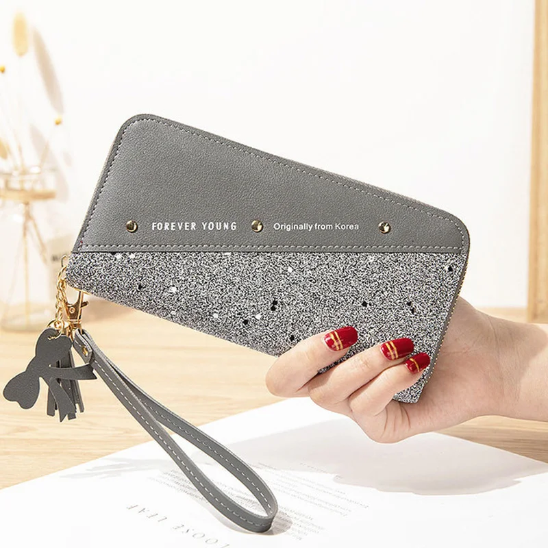 KVNIO Free Shipping Long Wallet Ladies Zipper Phone Wallet Student Stitching Hit Color Purse Tassel Wild Rivet Card Holder Purse