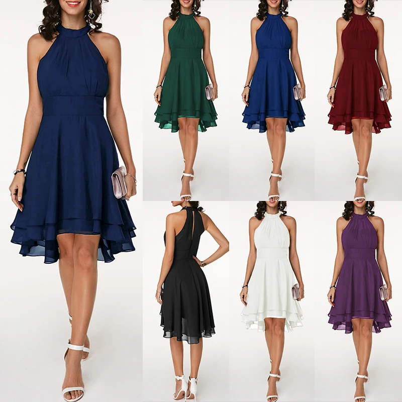 

Summer Plus Size Dresses Sexy High Waist Solid Color Halter Sleeveless Dress Ladies Casual Chiffon Cropped Layered Party Dresses