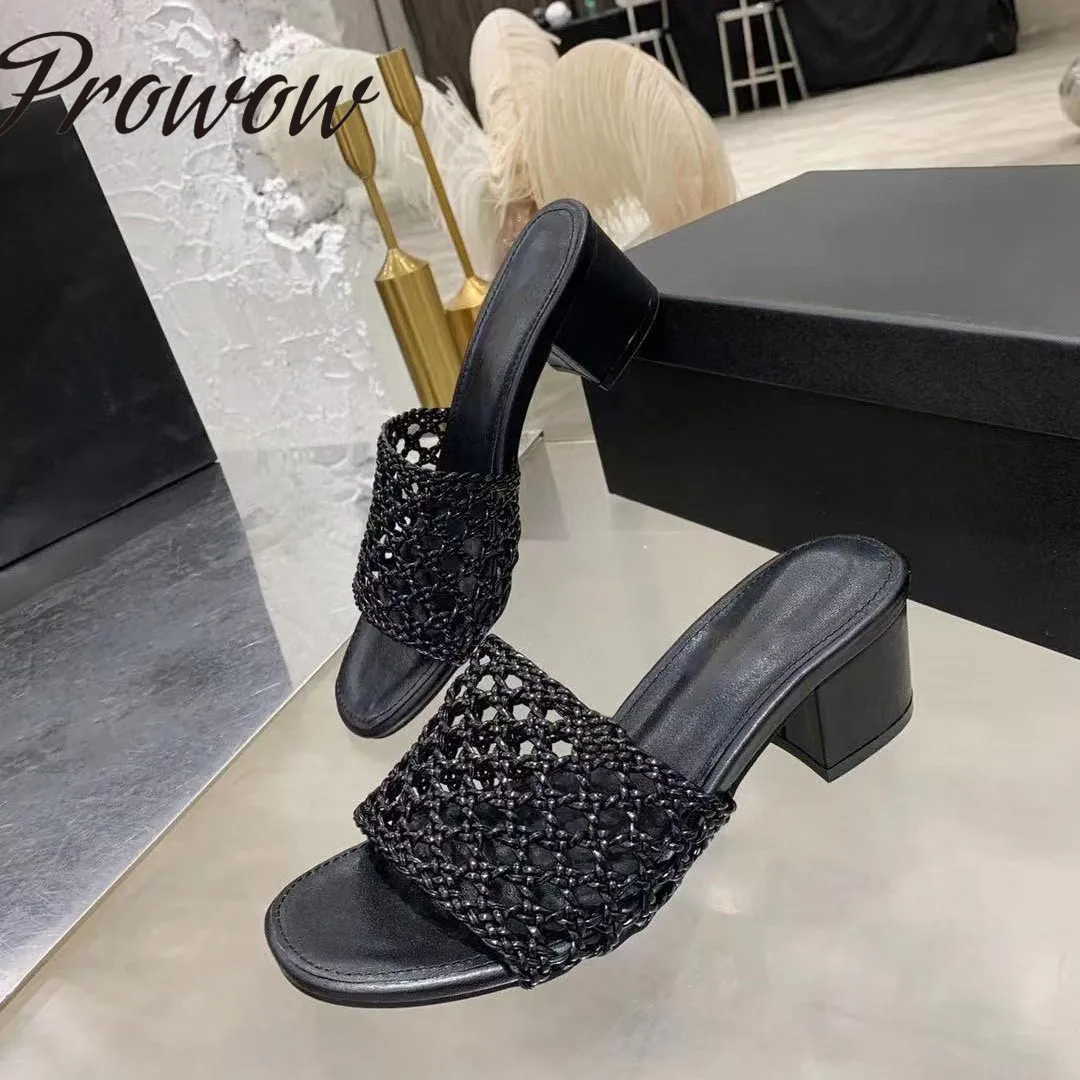 

Prowow New Summer Knitted Luxury Brans Slippers HIgh Heel Block Heel Designer Shoes Women Zapatos Mujer