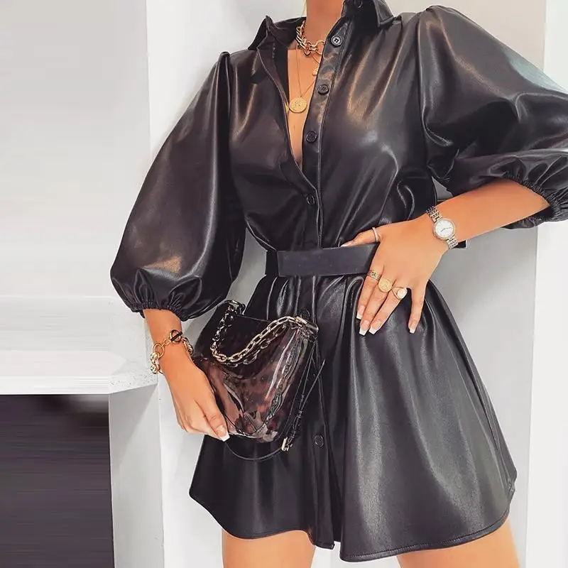 

Buttoned Pu Leather Dress Women Solid Black Casual Looes Turn Down Collar Summer Dress 2019 Streetwear Short Sleeve Vestidos
