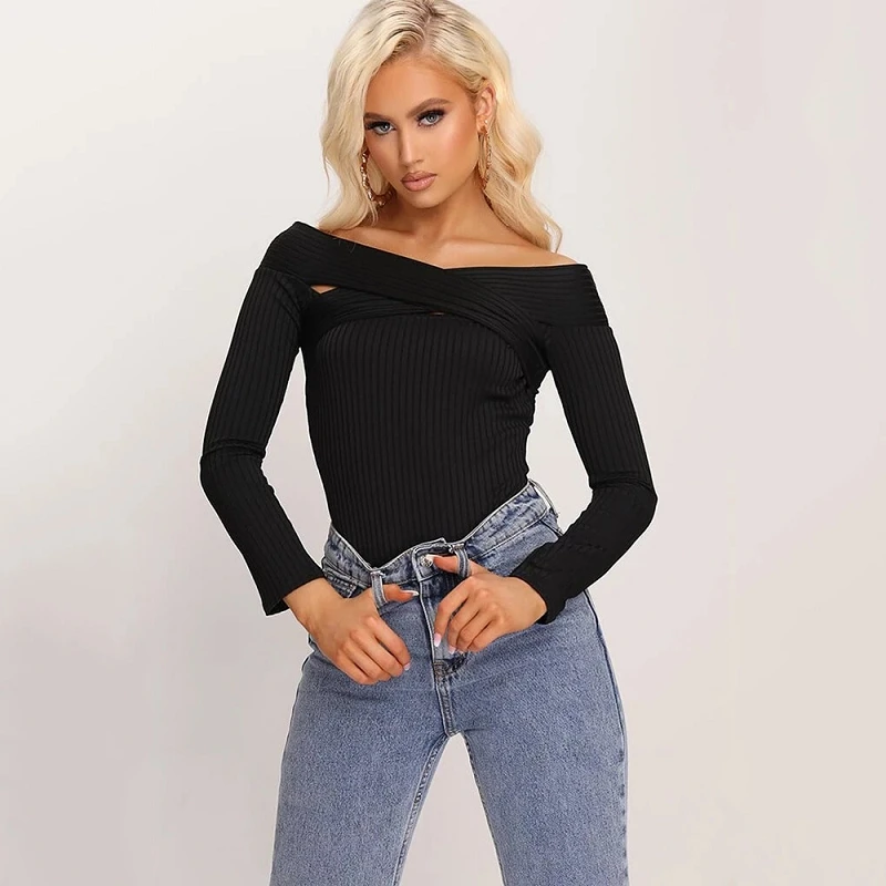 

Women Off Shoulder Bodysuits Long Sleeve Jumpsuits Autumn Fashion Clothing Sweaters Streetwear One Piece Outfits Bodycon Rompers