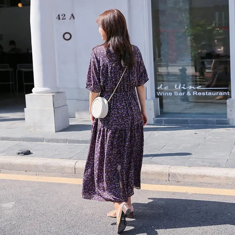 2020 летнее длинное шифоновое платье размера плюс фиолетовое Цветочное в