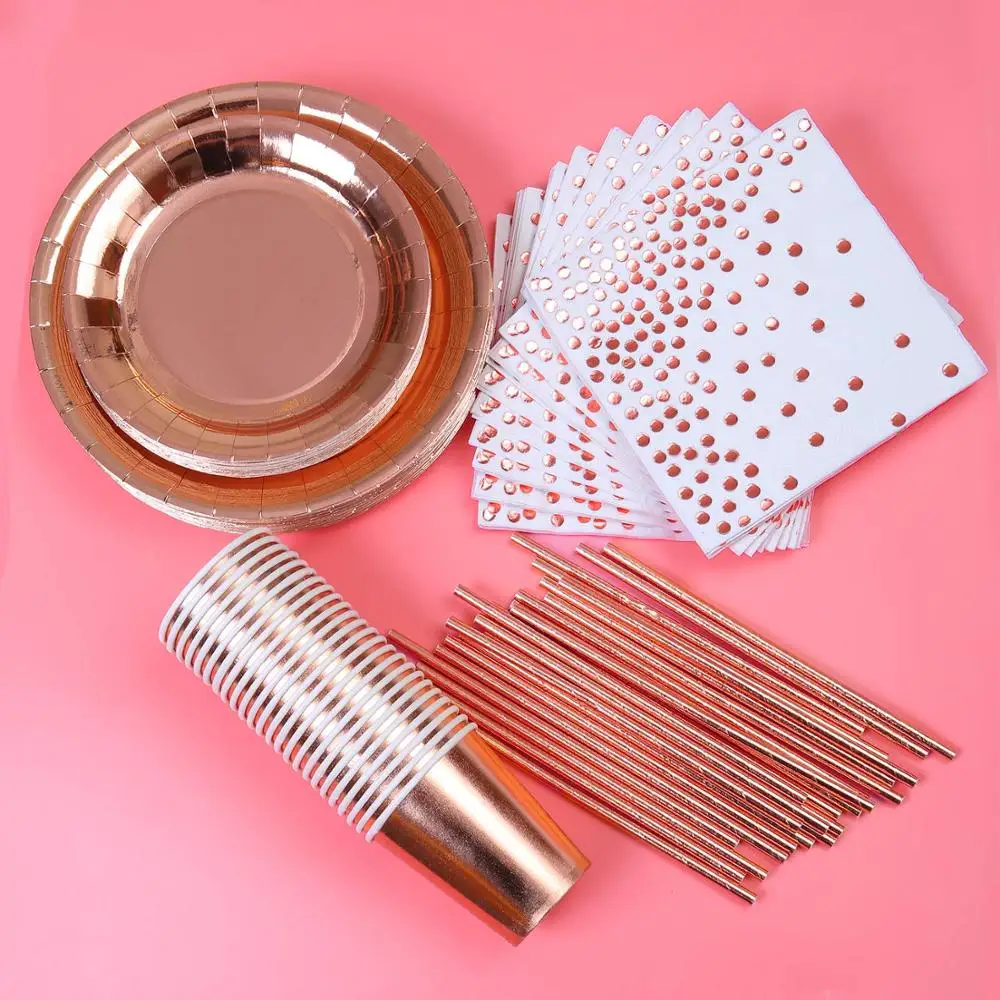 

146PCS Rose Gold Bronzing Disposable Paper Cup Paper Tray Straw Paper Towel Cutlery Set