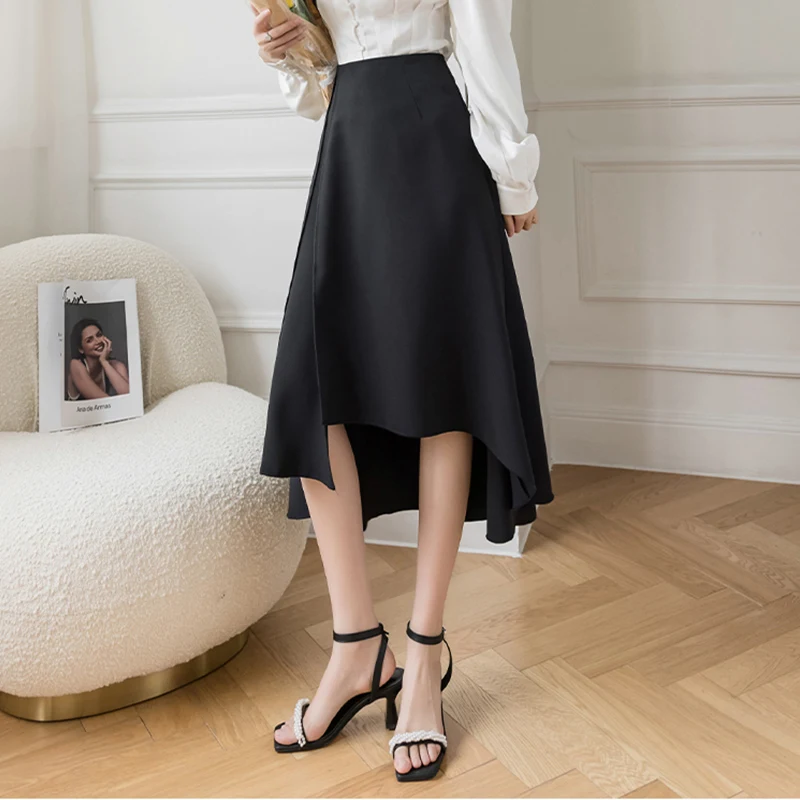 

PEONFLY 2021 Summer Elegant Long Skirt Women nvisible Zipper Irregular Hem Slit High Waist Mid-length Skirt Female Office Lady