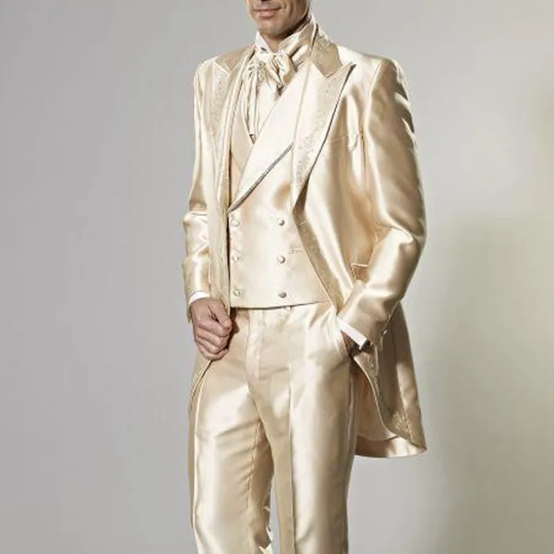 Модные смокинг для жениха из трех предметов на заказ золотистый Свадебный костюм