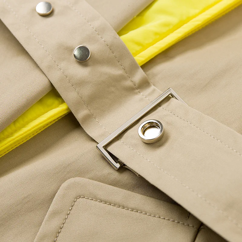 DEAT new winter fashion desings clothes full sleeves yellow patchwork kahki color hooded windbreaker with belt WJ89104L