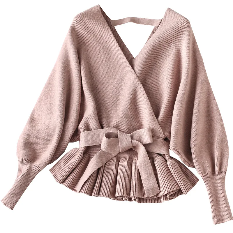 Вязаный свитер с рукавом летучая мышь пуловер v-образным вырезом модные свитера