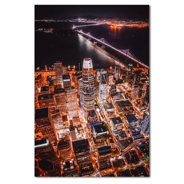 

Landscape Painting Poster Gordiously Brilliant Bright Lights At Night City Building High-Rise Modern Style Living Room Wall Deco