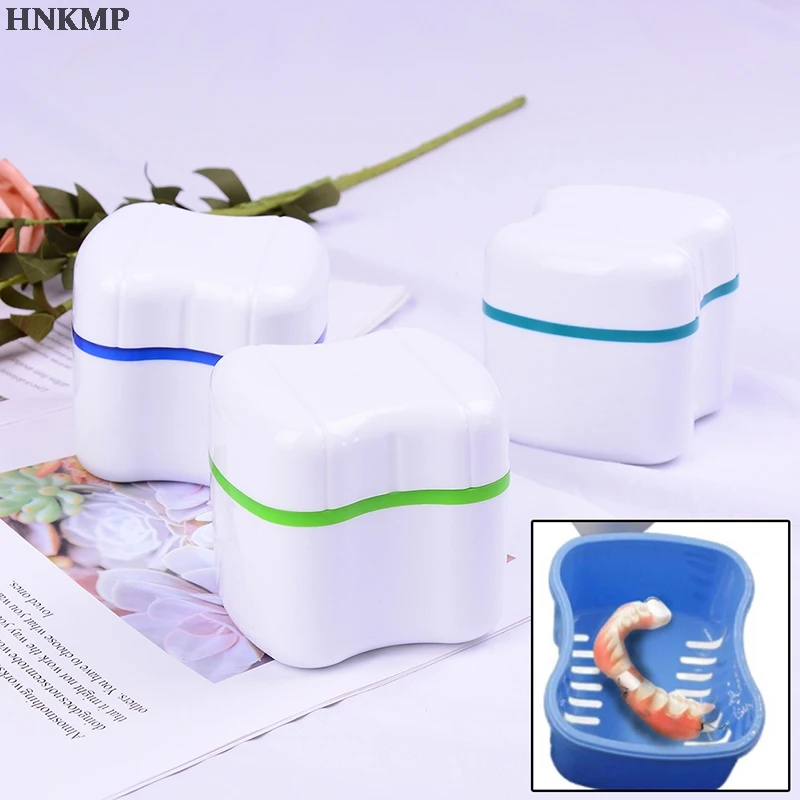 

Blue Denture Bath Box Case Dental False Teeth Storage Box with Hanging Net Container